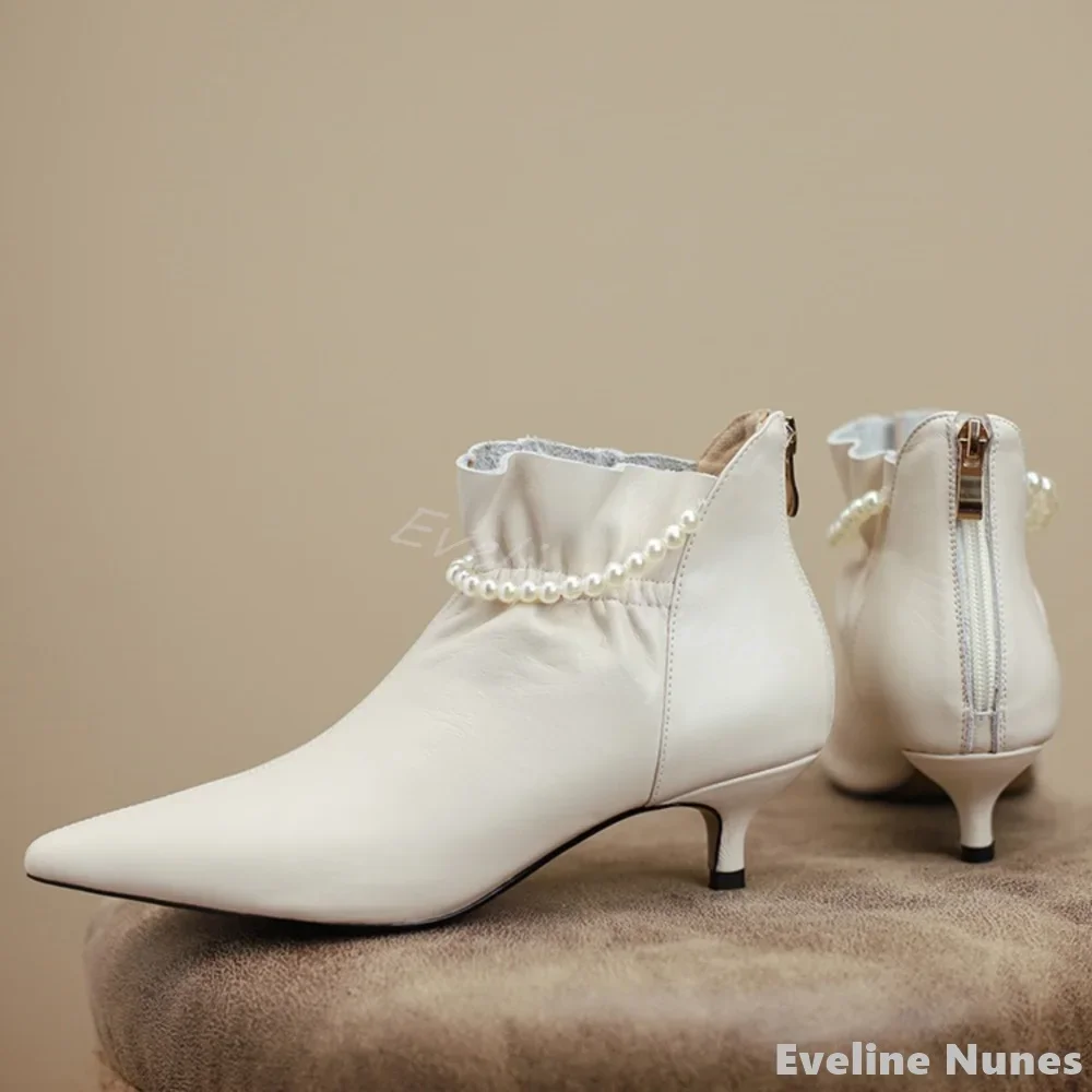 String of Pearls Kitten Heel Ankle Boots Women Pointed Toe Solid Leather Back Zipper Short Boots 2024 New Fashion Simple Boots