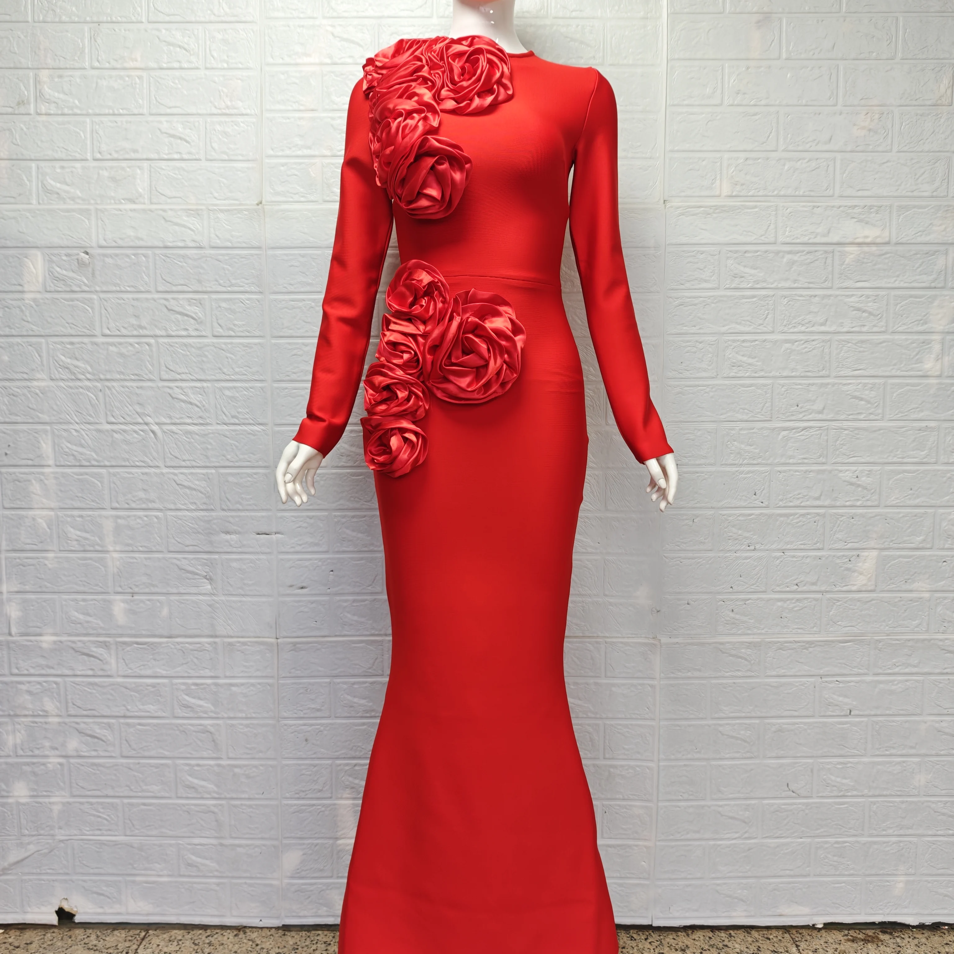 

Sexy Fashion Rose Pink Red Black Flower Long Sleeve Bodycon Long Bandage Dress Women Celebrity Elegant Party Birthday Dress