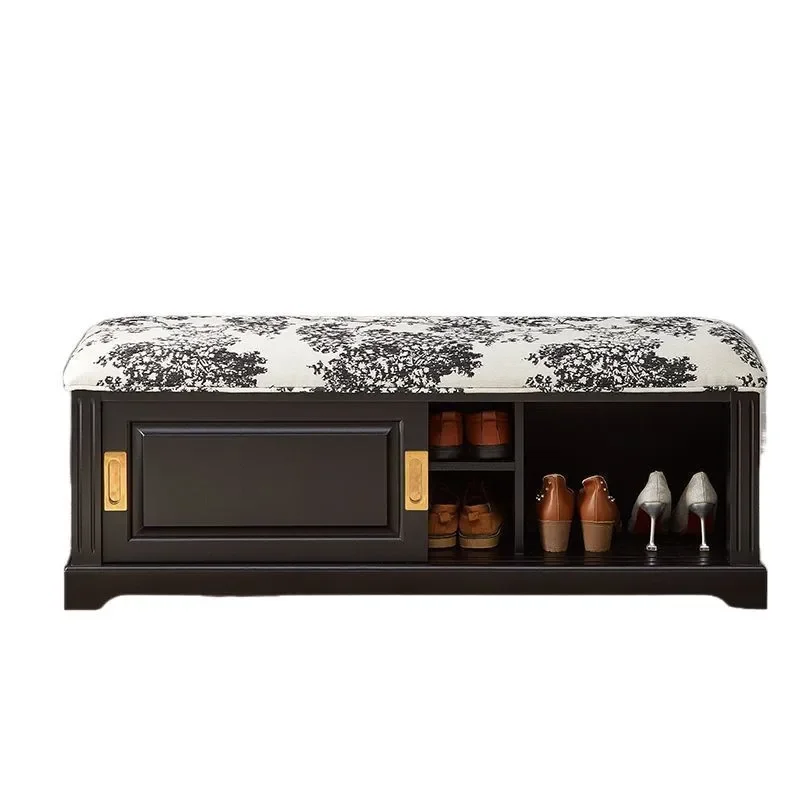 

French style, solid wood retro, black shoe changing stool, household, home, small apartment, ash wood, seating