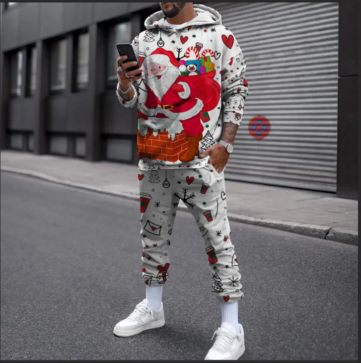 Merry Christmas Hoodie Suit New Autumn 3D Printing Sportswear 2Pcs Set Men Oversize Pullover Men\'s Fashion Kids Casual Suits