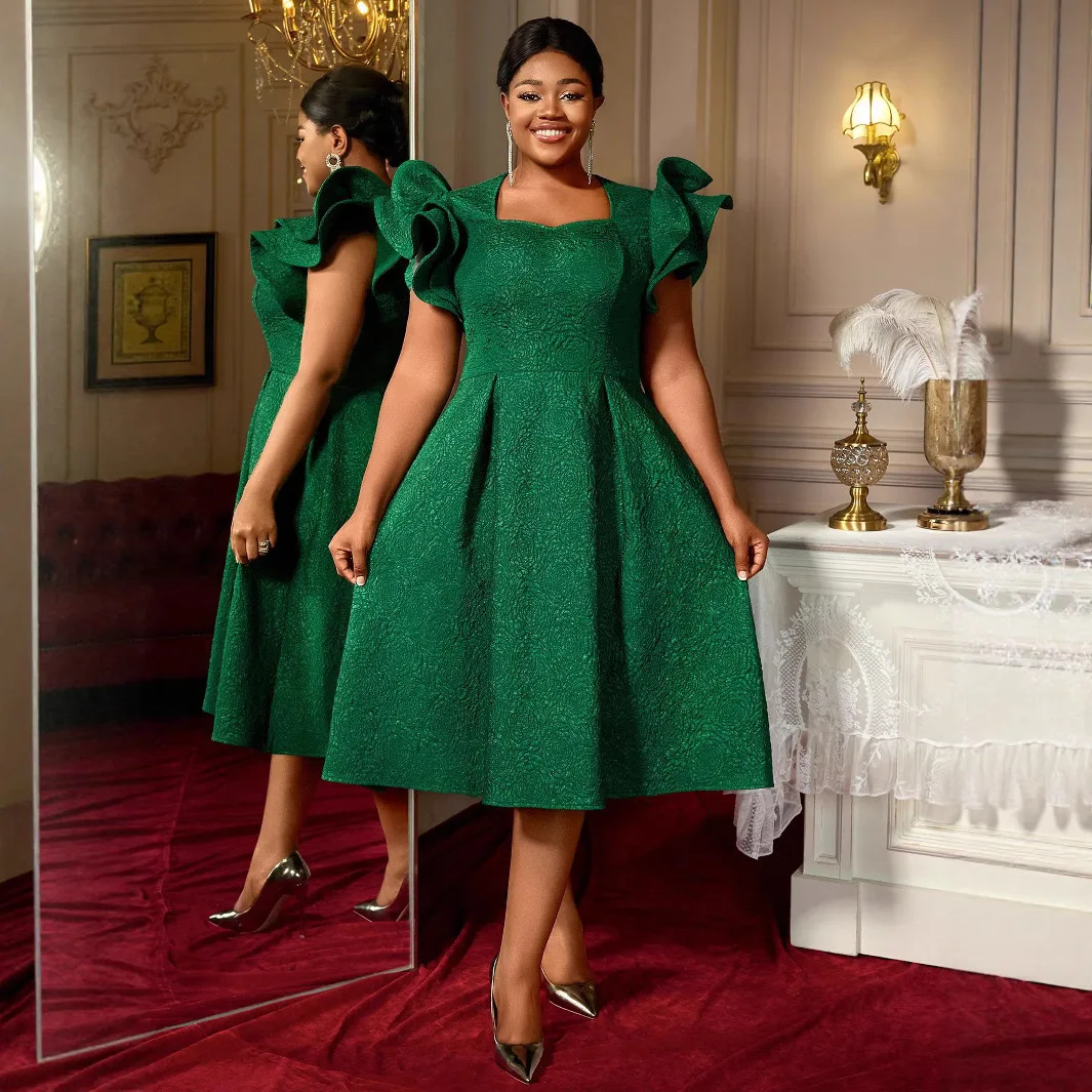 

Plus Size Elegant Jacquard Square Neck Dress with Ruffled 3d Sleeves A-line Slimming Evening Gown Dresses Elegantes Casual Y2k