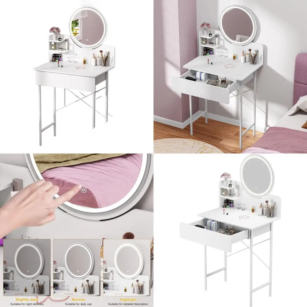 

LED-Illuminated Makeup Vanity Desk with Adjustable Brightness, 1 Drawer & 2 Shelves, Bedroom Dressing Table
