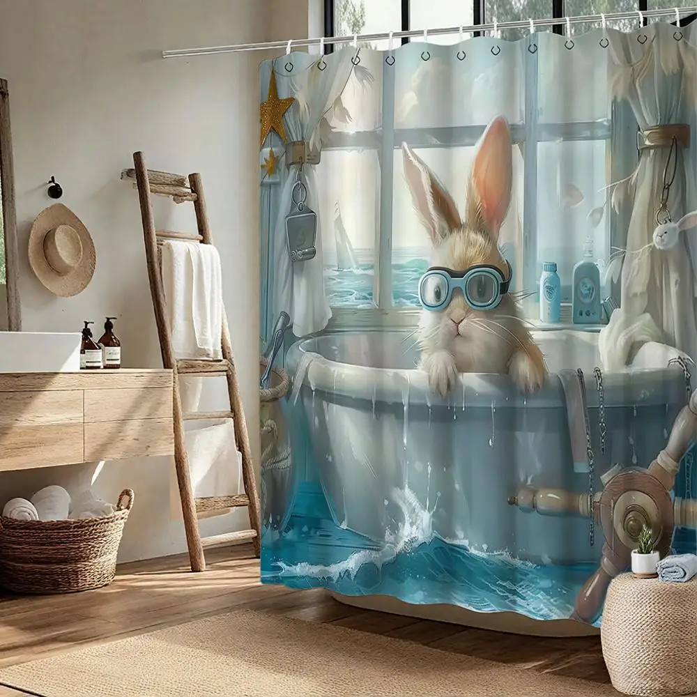 

Waterproof Bunny Ocean Shower Curtain Cute Whimsical Bathroom Decor Novelty Retro Claw Tub Bath Accessories Home Gifts