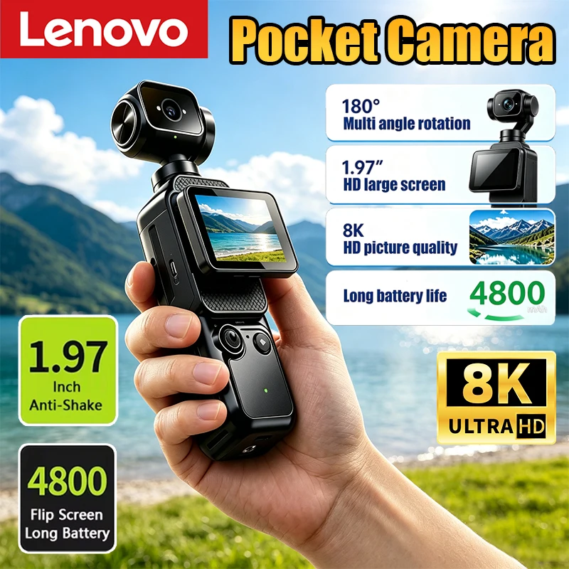 Nuova Action Camera Tascabile Lenovo 8K HD con Lente Rotante e Stabilizzazione dell'Immagine, Registrazione Foto e Video, Trasferimento Wi-Fi al Telef