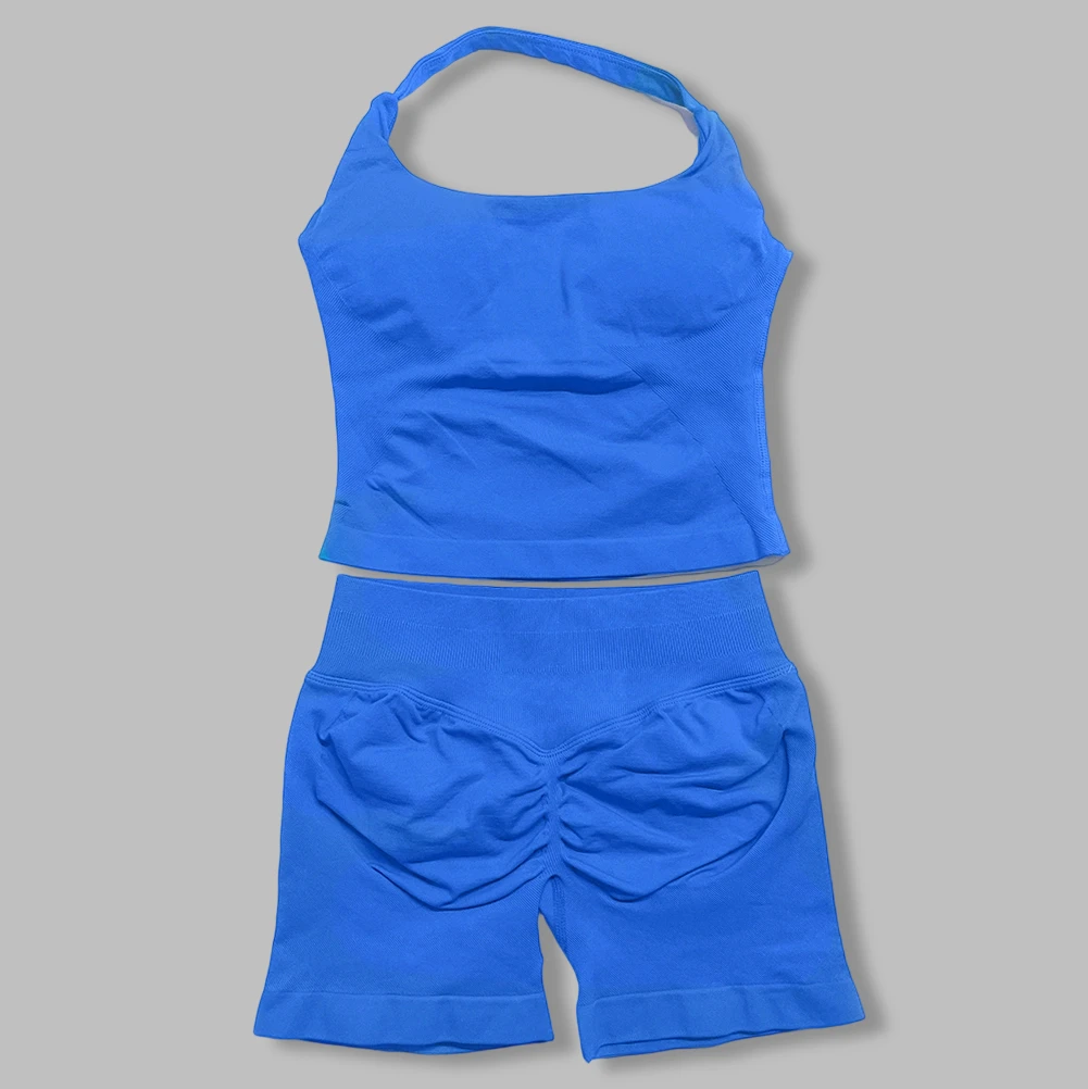 2PCS DF L0G0Women Halterneck Backless Yoga Set, Stretch Naadloze Halter Top Scrunch Hoge Taille Shorts Gym Workout Sportoutfits