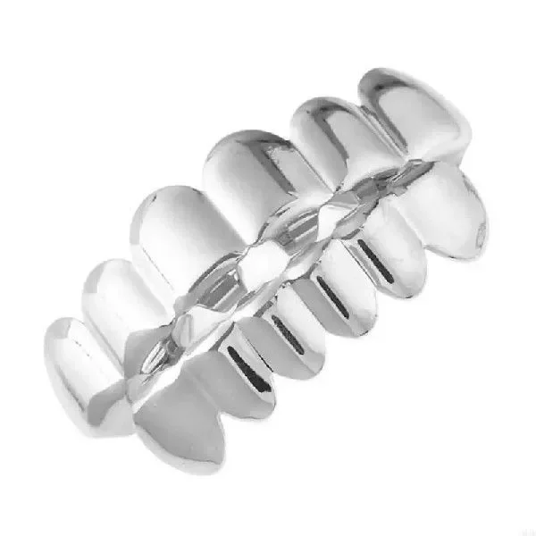 Juego de dientes de Hip Hop chapados en oro y plata, parrillas extraíbles de fondo superior, diseño de vampiro alto fijo de silicona, joyería de calle de moda