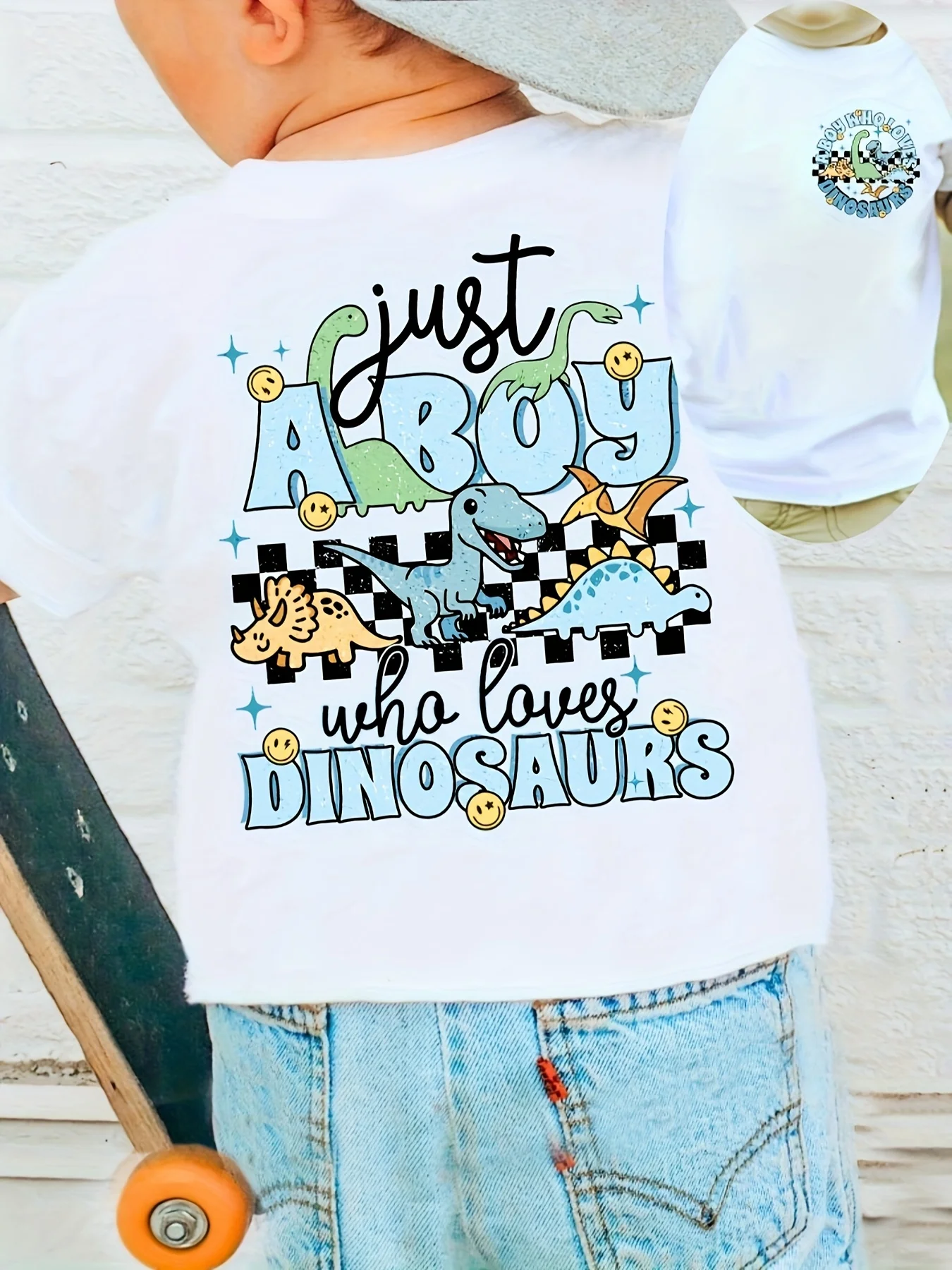 Boys B‑DX5616 Double‑Sided Dinosaur Checkerboard Print T‑Shirt  