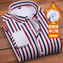 Autumn and winter new striped warm shirt men's long sleeve plus fleece thick integrated fleece business casual social shirt