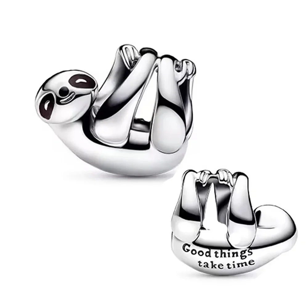 Charm 925 Sterling Silver Cute Animal Hanging Sloth fit Original Pandora Bracelet Charm Women's Black Enamel Craft Jewelry Gift