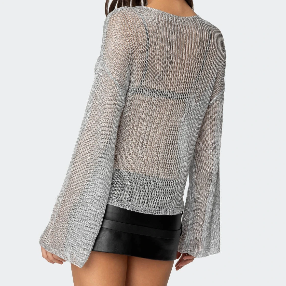 

Женские свитера Y2K с прозрачными вставками, длинными рукавами, однотонные, блестящие, вязаные, свободного кроя, для вечеринок и клубов