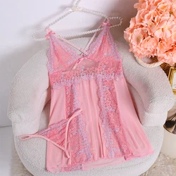 Transparent Small Print Pattern Deep V Sling Mini Dress Sexy Women's Lingerie Sleeping Skirt And Underpants Set Erotic Pajamas