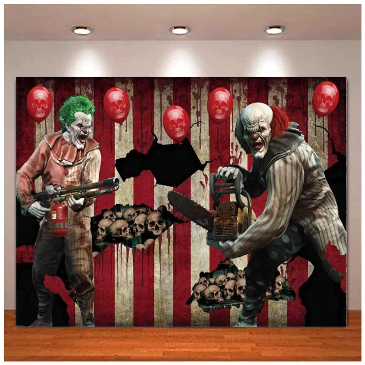 

Halloween Eve Clown Backdrop Horror Creepy Scary Background Carnival Trunk or Treat Birthday Party Skull Balloons Decoration