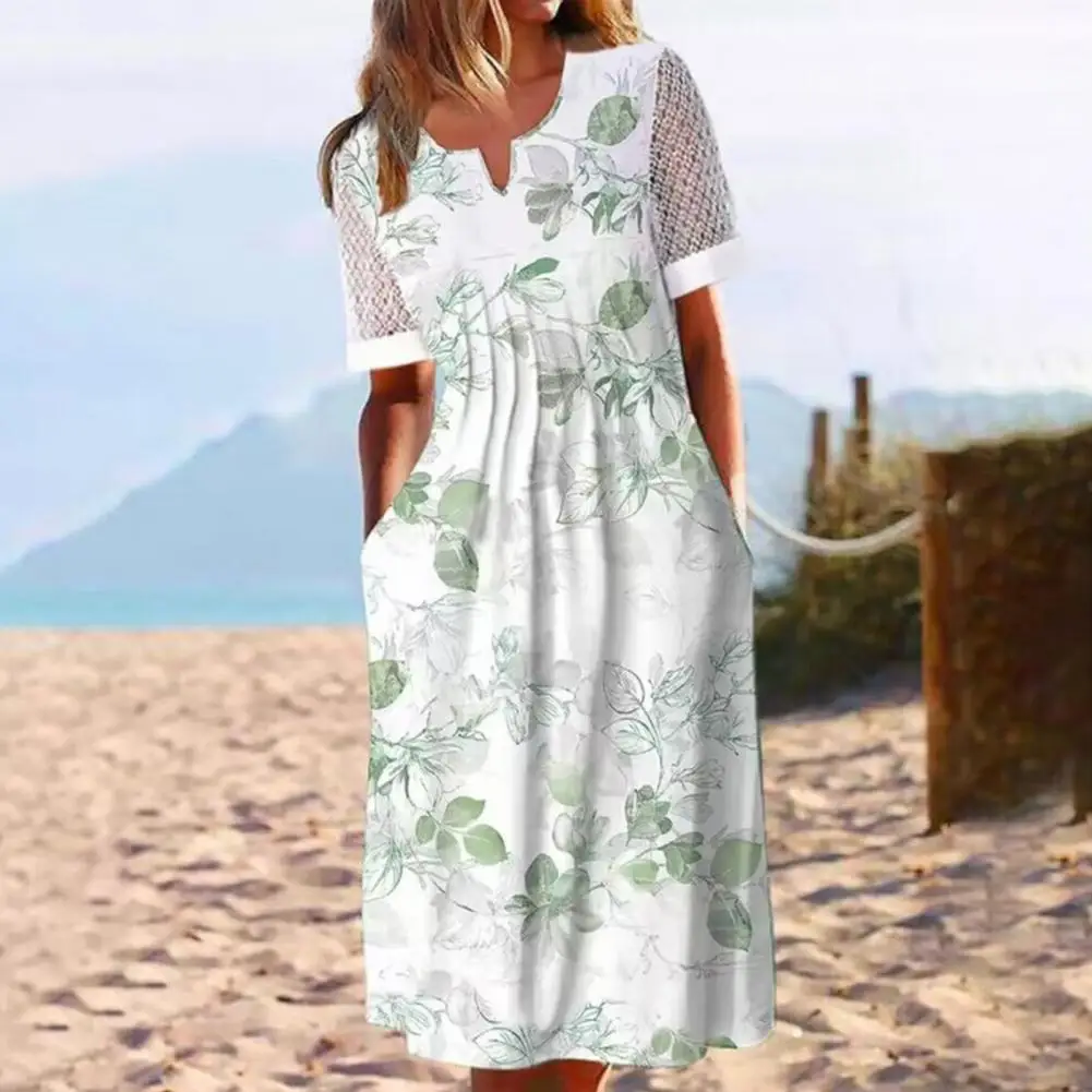 Vestido Midi informal con estampado de hojas para mujer, traje elegante de manga corta con agujeros, Túnica ajustada, para vacaciones, 2024