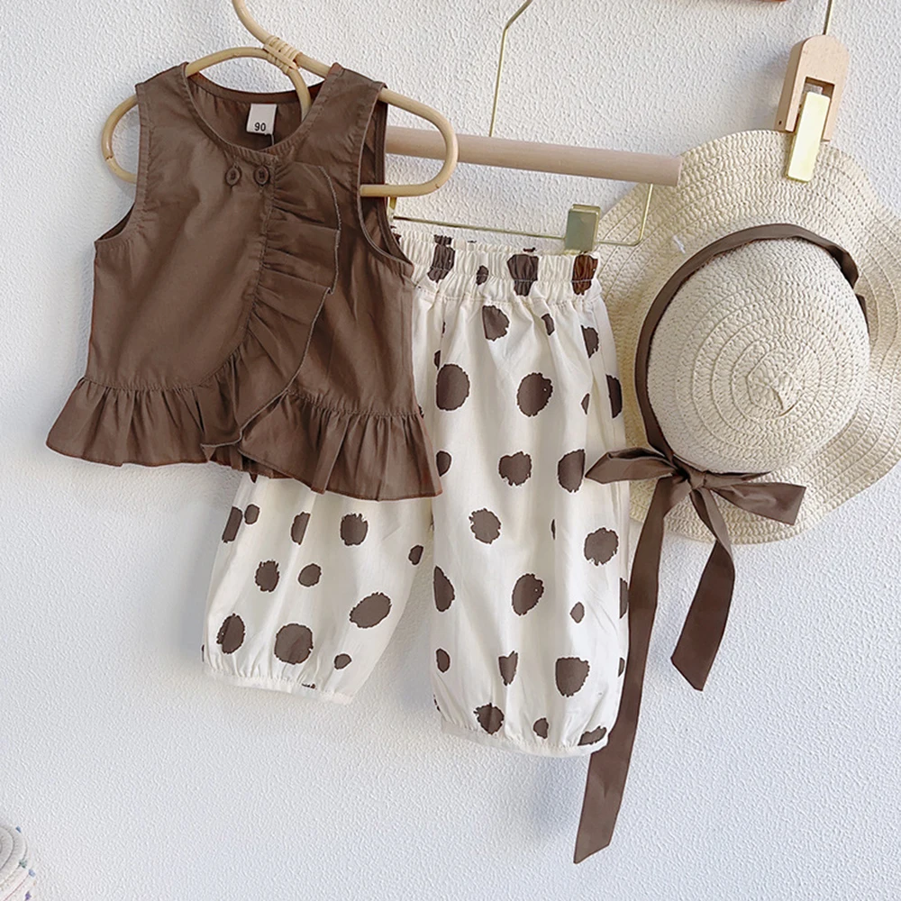 Sweet Polka Dot Girls Clothing Sets with Hat Summer New Solid Color Top + Casual Pants Set 3Pcs Fashion Baby Kids Clothes Suit