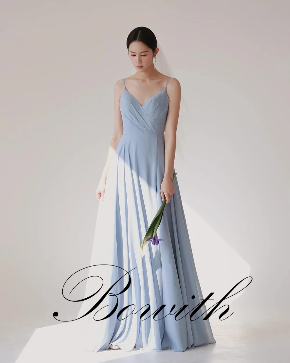 Bowith Sky Blue Korean Evening Dresses for Photo Shoot Customized V-Neck Spaghetti Straps イブニングドレス Korean Wedding Dresses