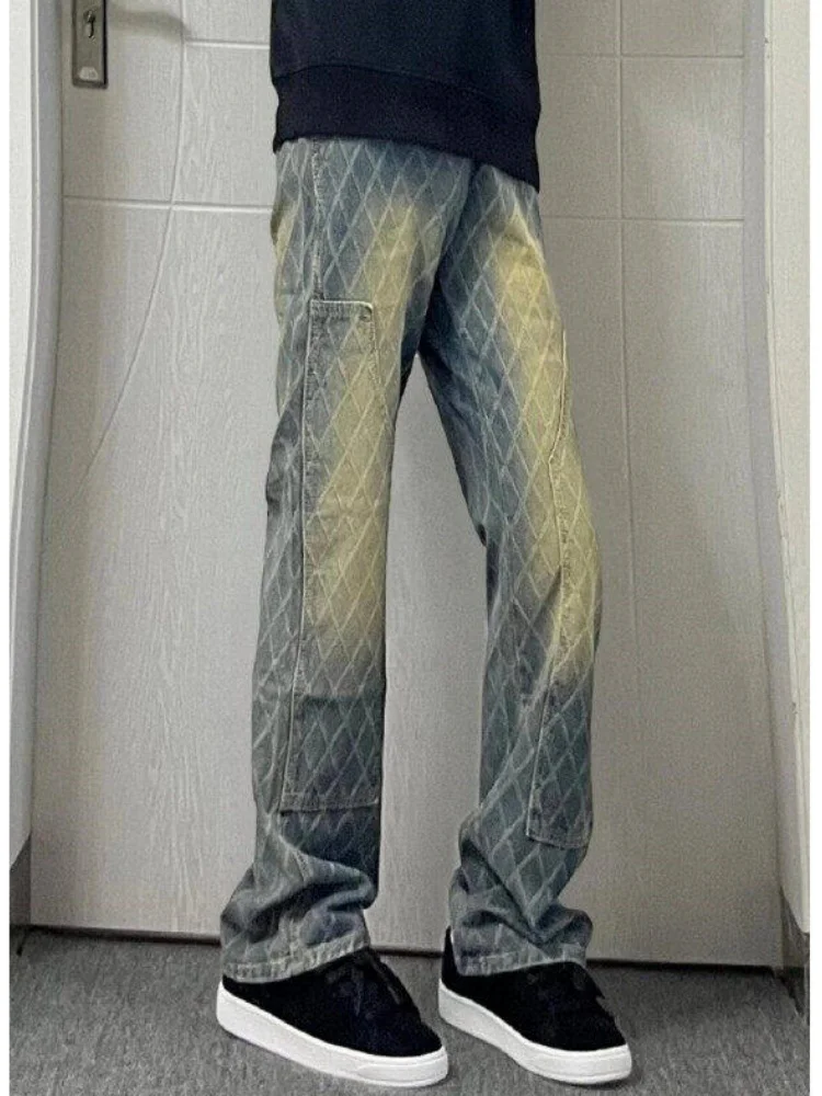 

Мужские джинсы Waed в винтажном стиле с клетчатыми вставками, прямые, весенние, в американском уличном стиле, зауженные, расклешенные брюки