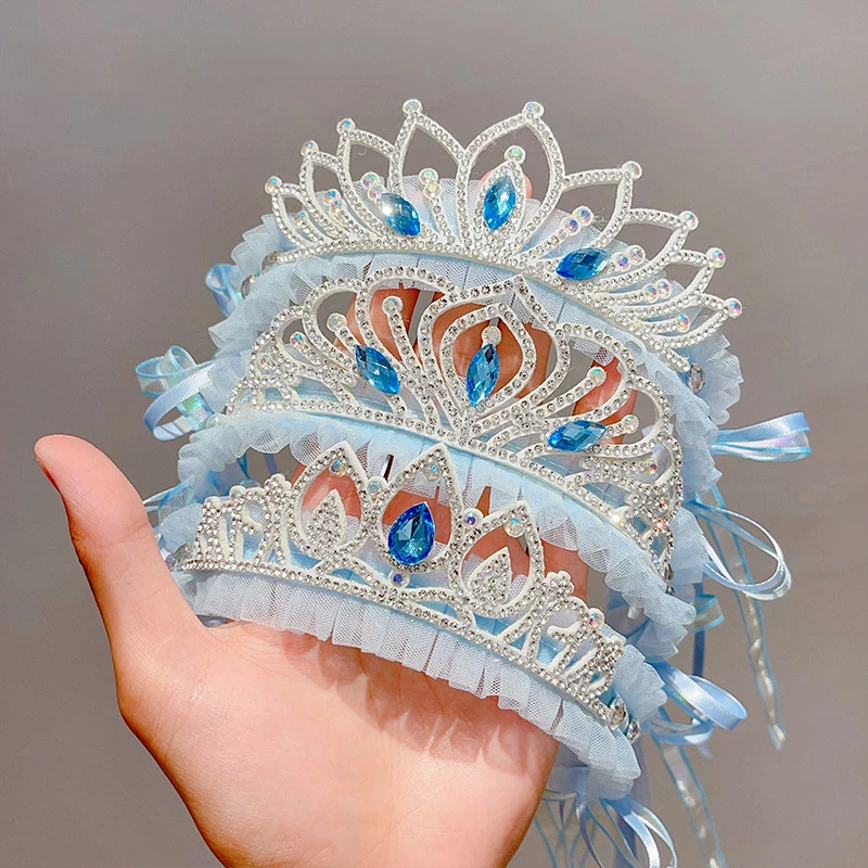 Neues Elegantes Glänzendes Kristall-Haarband für Mädchen, Modisches Blaues Spitzenband mit Langem Band, Krone für Kinder-Party Haaraccessoire – Detail 4