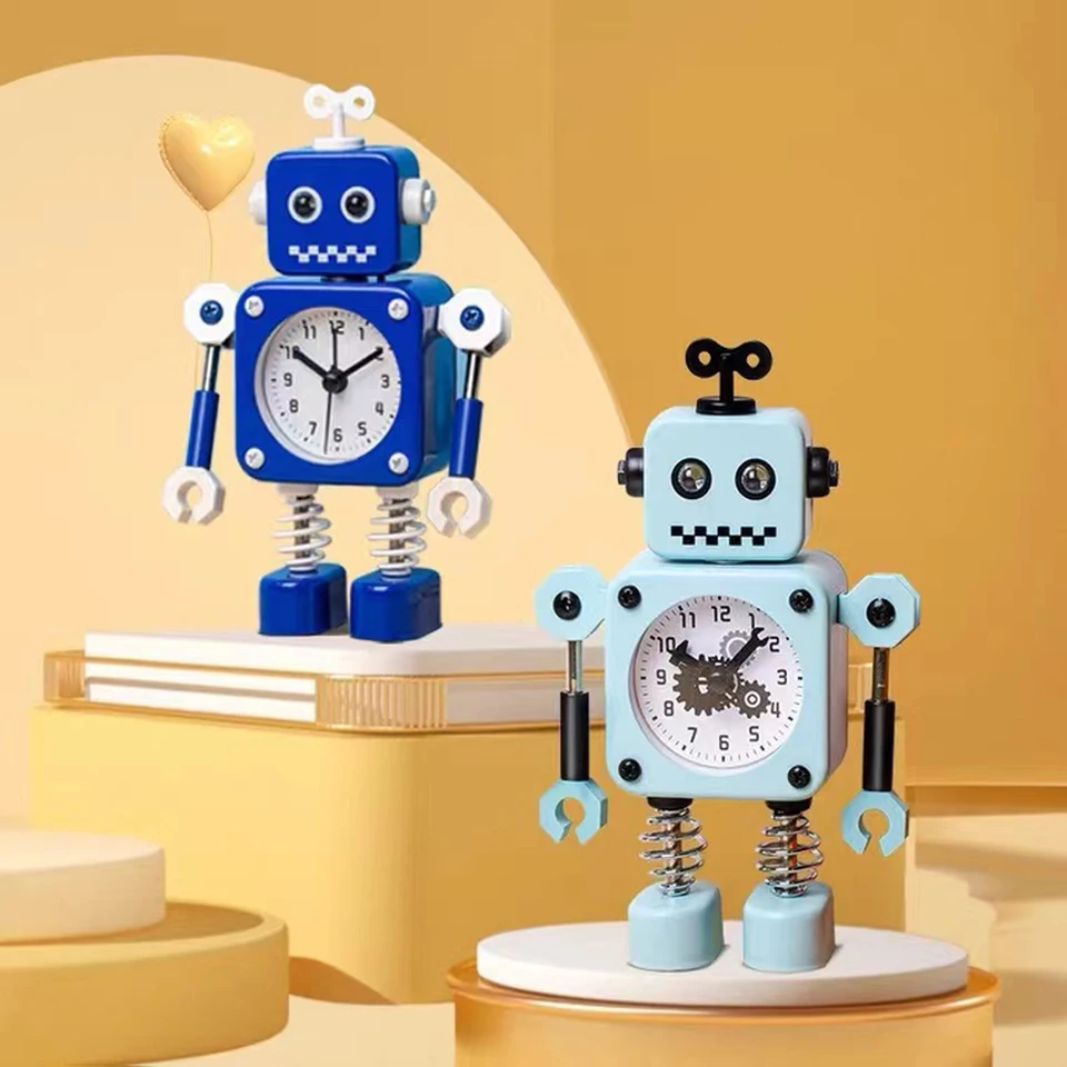 ロボット目覚まし時計、点滅する目の光と回転アームを備えた非粘着性の