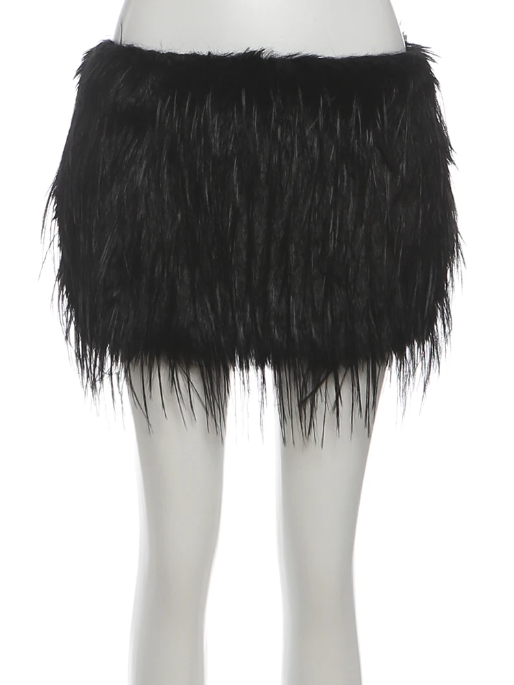 Cutenew Y2K Hottie 2-Piece Set Women Strap Waistless Low Chest Mesh Patchwork Bodysuit+Zip Furry Skirt Sexy Slim Street Clubwear