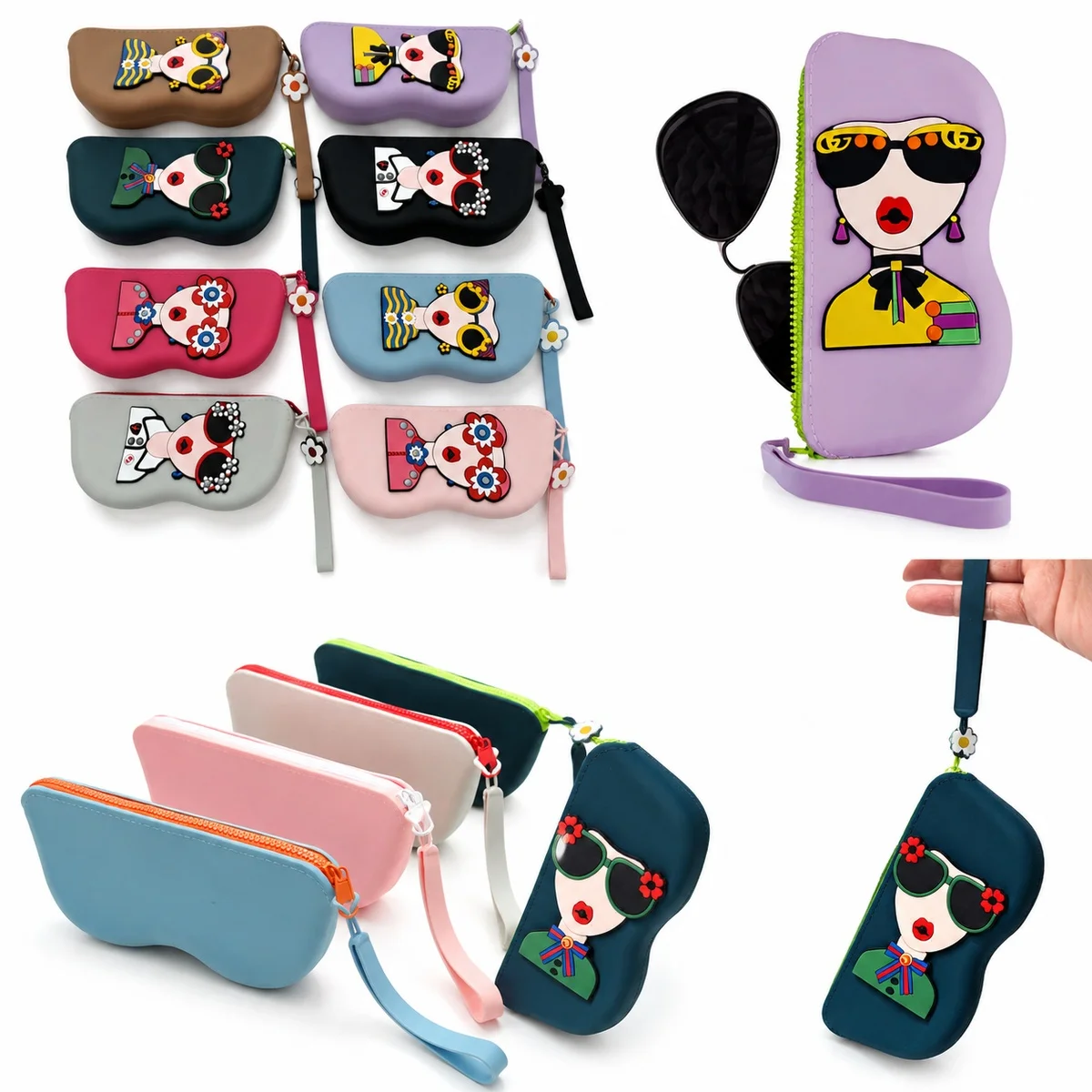 1pc New Cute Cartoon Pattern Shockproof Portable Sunglasses Storage Pouch Hangable Silicone Glasses Case for Women