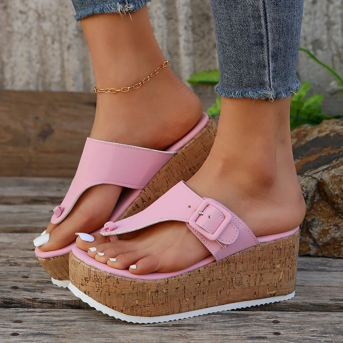 

2024 New Women's Slippers Summer Flip Flops Female Wedge Platform Sandals Ladies Non-slip Thick Bottom Casual Black Pink Large