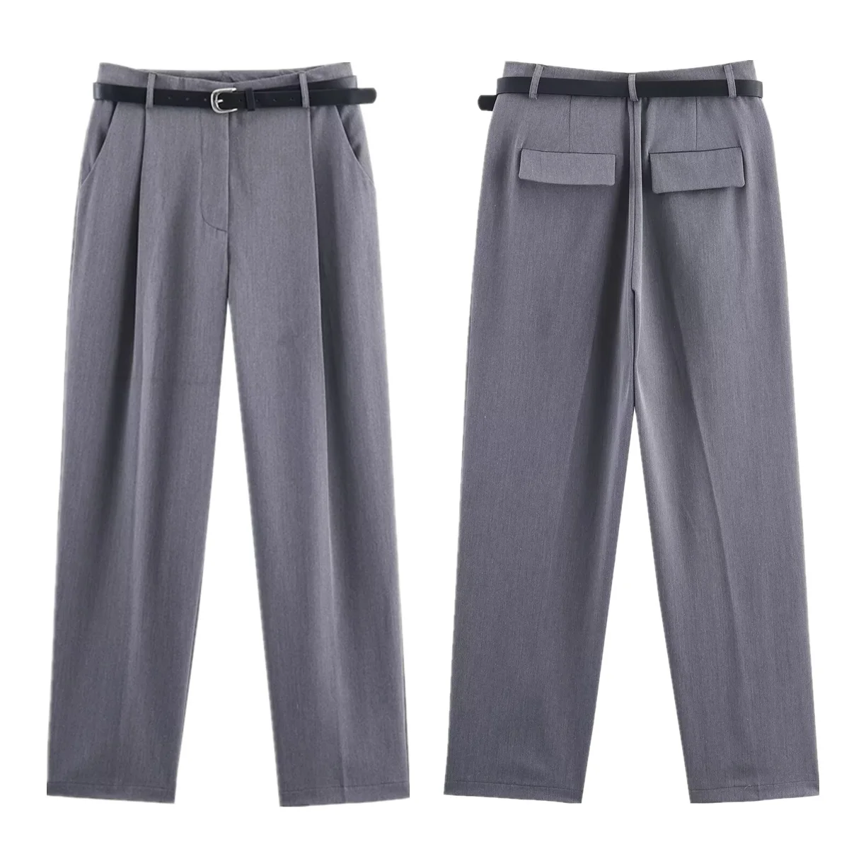 

Maxdutti Minimalist Gray British Fashion Trousers Suitable For Commuting Leisure Straight-cut Pants With Belt Women's Pants,Woma