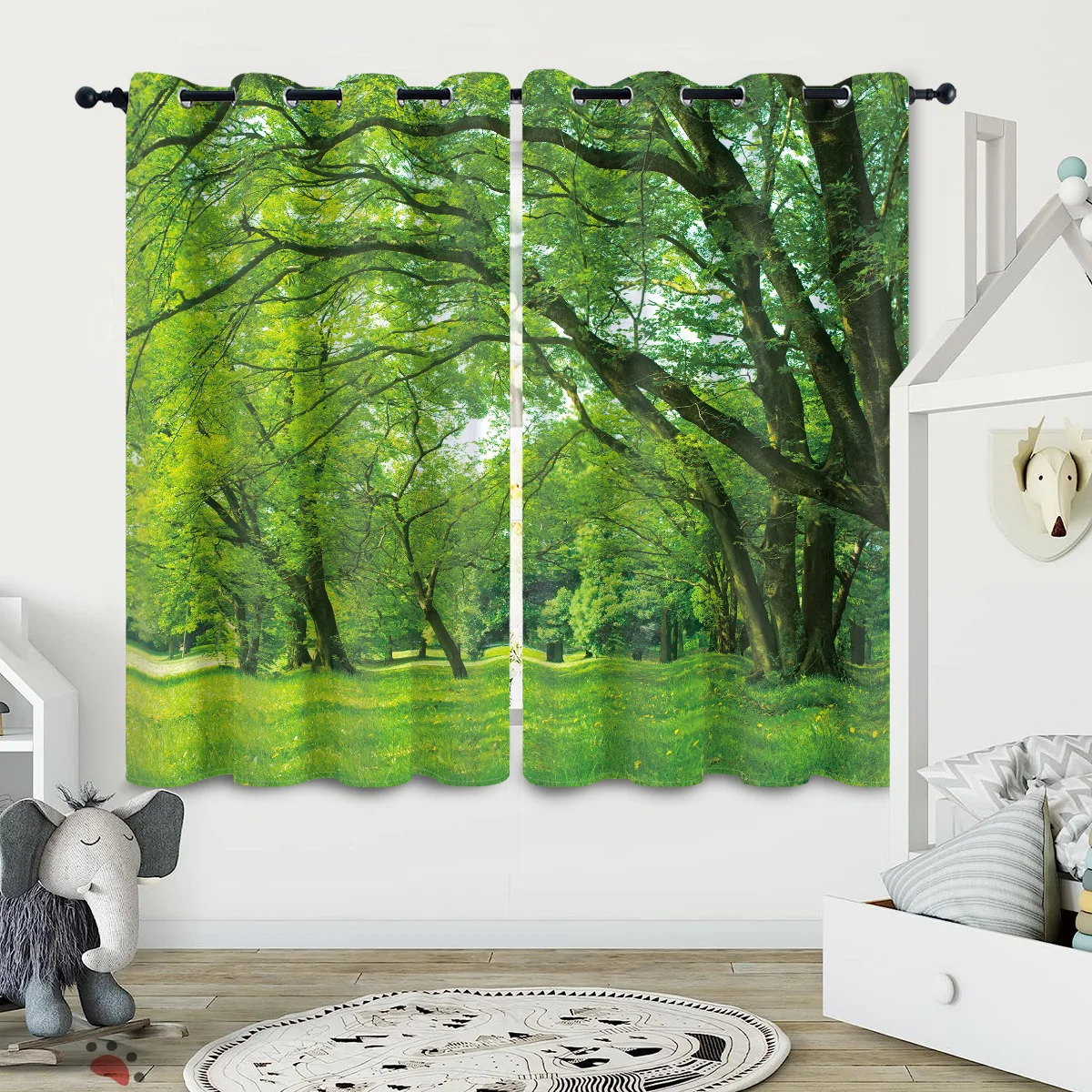 2 pieces of green forest tree pattern printed curtains, natural landscape decoration bedroom living room