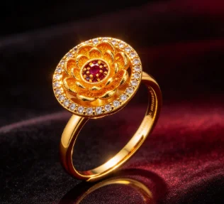9999 gold inlaid lotus ring for women, heavy workmanship, high-end style, adjustable opening, rotating design, finger ring