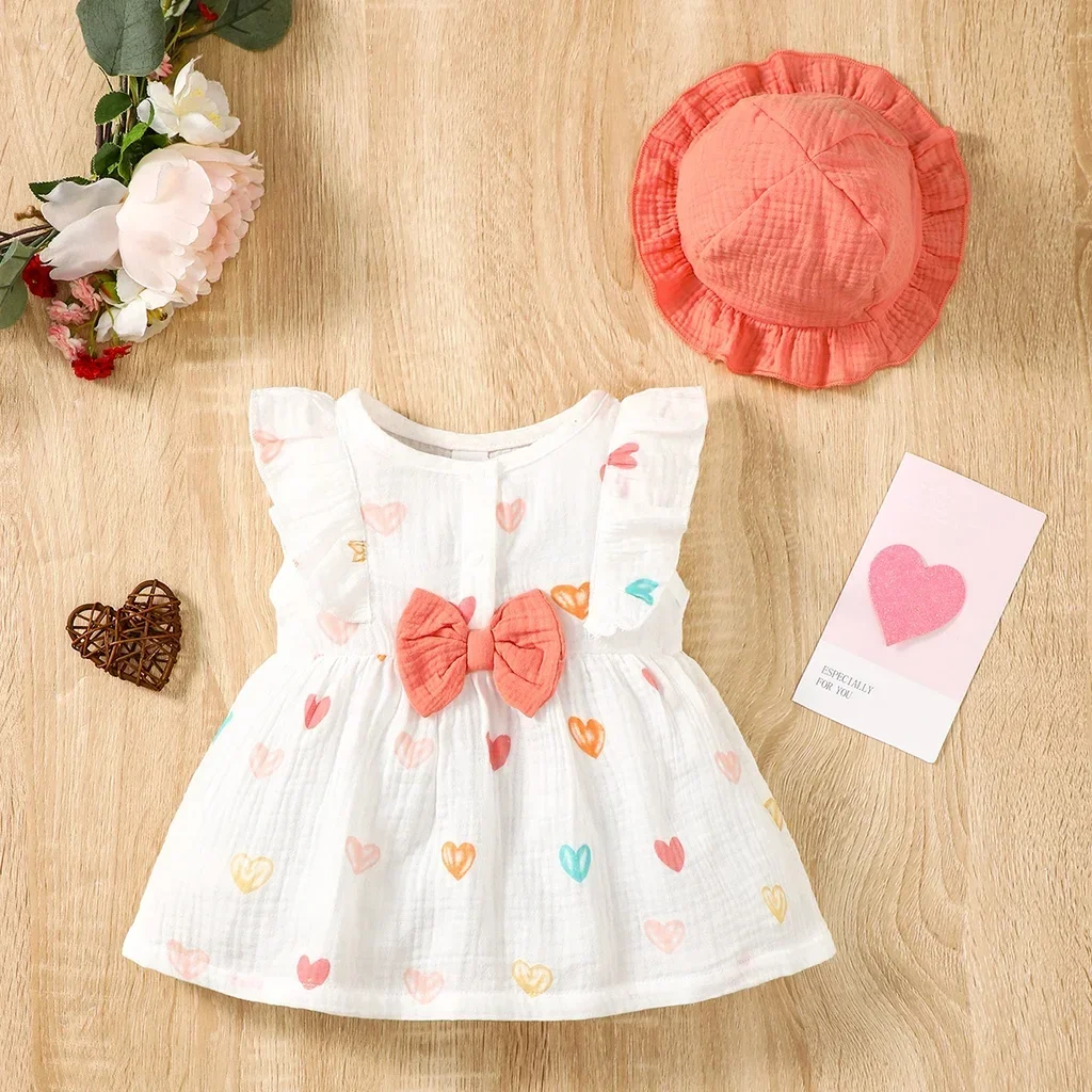 Newborn Baby Girl Sweet Cotton Dress Sleeveless Love Pattern Dress+Hat 2PCS Summer Beach Clothing for Infant Girl 0-9 Months