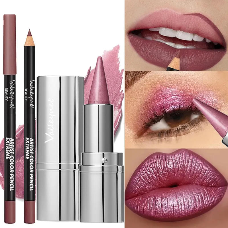 2 ชิ้น/เซ็ตชุดลิปสติกเมทัลลิกและลิปไลเนอร์, แต่งหน้าเต็มหน้า, กันน้ำติดทนนาน และเปล่งประกายเหมือนเอฟเฟกต์มุก