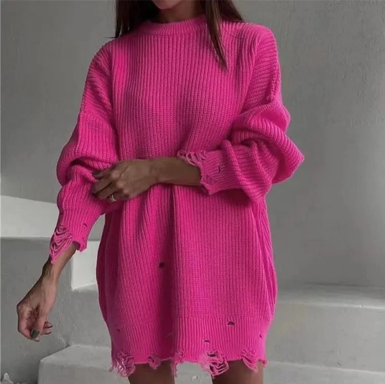 

Трансграничный осенне-зимний свитер в европейском и американском стиле с круглым вырезом и нерегулярными отверстиями, вязаное платье, свитер