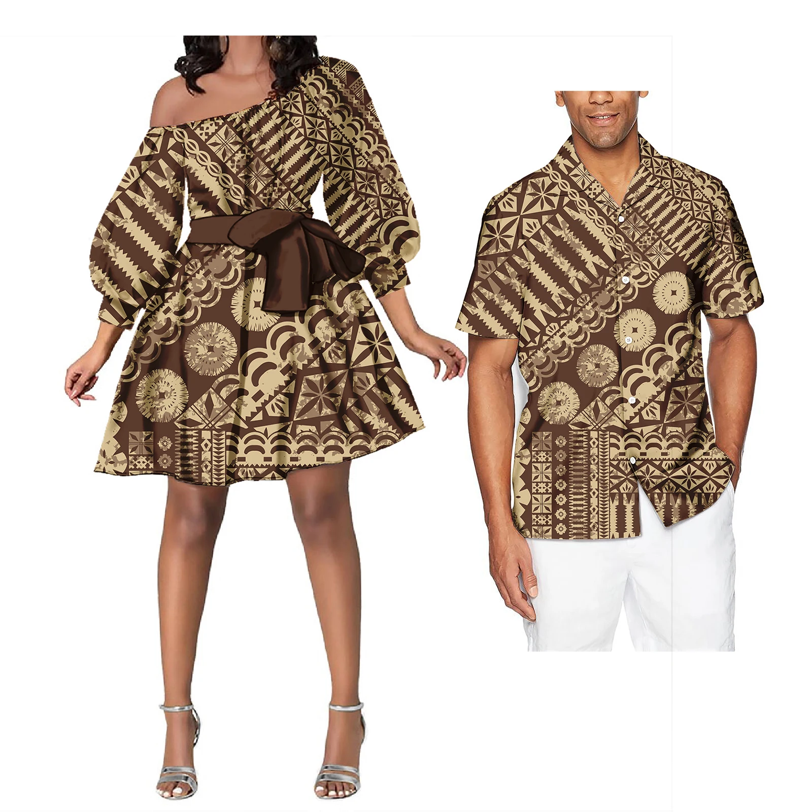 Paar Outfit Sets Dames Avondjurken Polynesische Patroon Ontwerp Klassieke Heren Hawaiiaanse Shirts Overeenkomen Met Vrouwen Plus Size Jurk