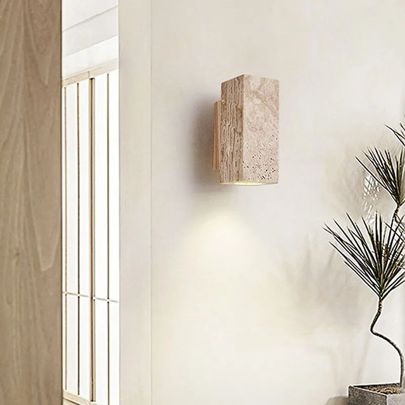 Hot Selling Wabisabi Natural Yellowstone Home Lighting Originality Round Square Wood Bedroom Atmosphere Led Decoration Wall Lamp