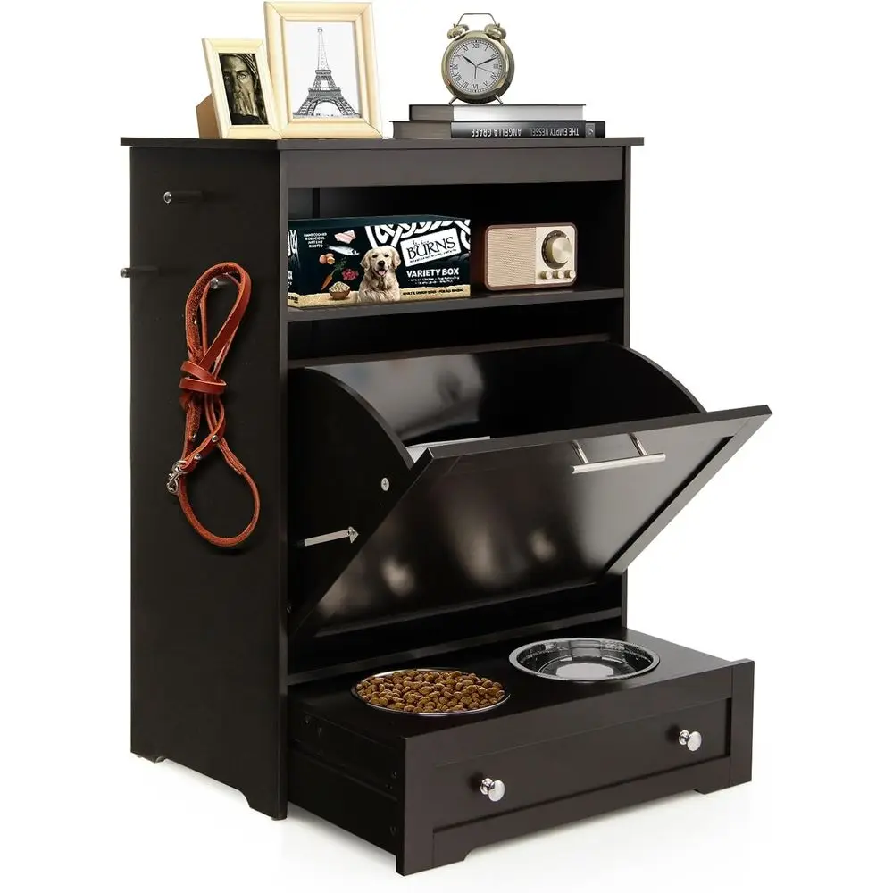 

Шкаф-кормушка для собак с 2 приподнятыми мисками, выдвижной приподнятой миской для собак, отсеком для хранения, 3 вешалками, органайзером для игрушек и поводков для животных