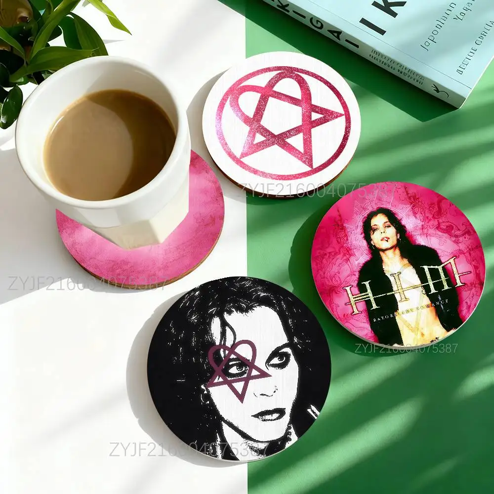 

H-Him Ville Valo Band Pattern Art Coasters Round Wooden Heat Resistant Non-Slip Home Decor Gift Multifunctional