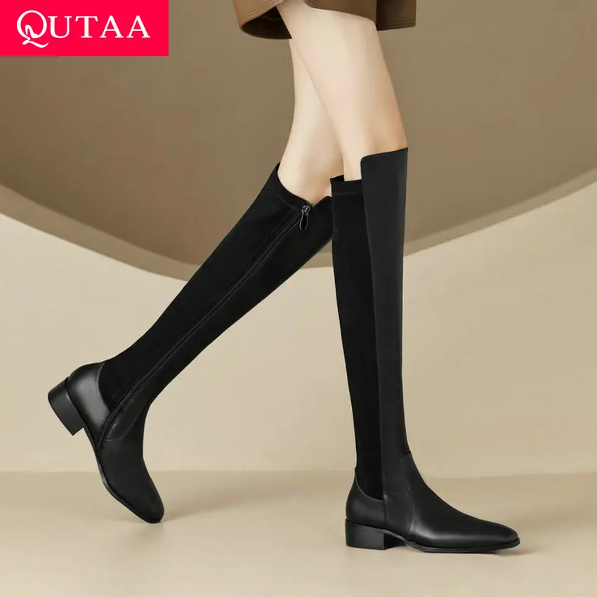

QUTAA 2024 Elegant Fashion Winter Knee High Boots Genuine Leather Round Toe Thick Low Heels Pumps Party Shoes Woman Size 34-40