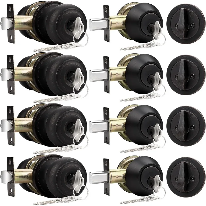 Entry Door Knob and Single Cylinder Deadbolt Lock Combo Set, Keyed Alike, Oil-Rubbed Bronze, Black Set of 4