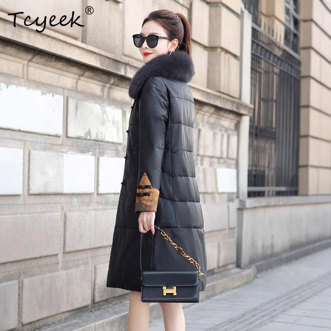 Tcyeek Real Sheepskin White Goose Down Autumn Winter High End Square Collar Black Women's Genuine Leather Jacket Jaqueta Couro