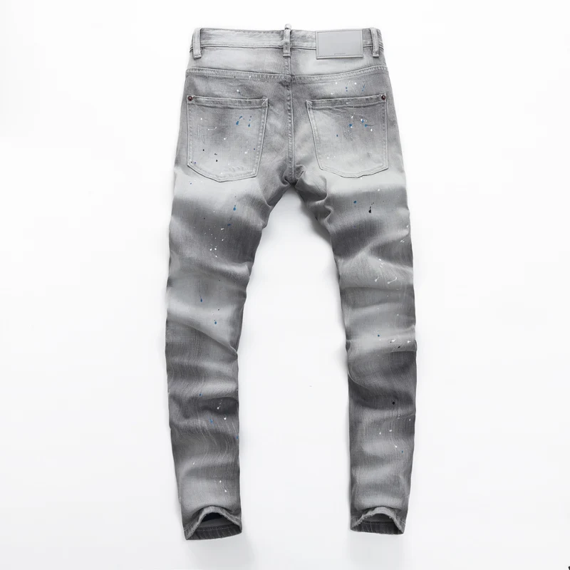 Fashionable Y2Kmen's jeans with pleated paint, dotted holes, washed nostalgic stretch, slim fit, light gray jeans, high street