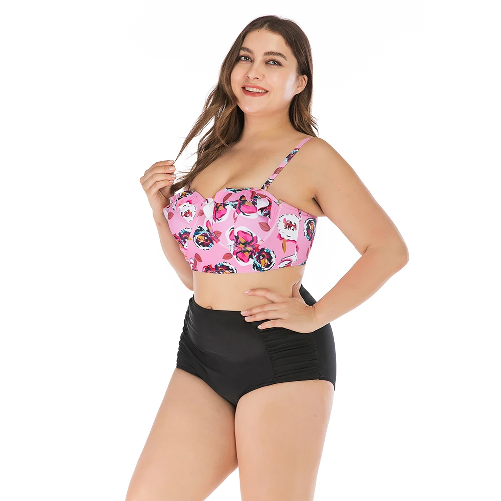 Women\'s Plus Size Bikini Set Pink Girls Swimsuits Ruffle Two Piece Swimwear High Waist Swimsuit for Chubby woman Swim Suit 4XL