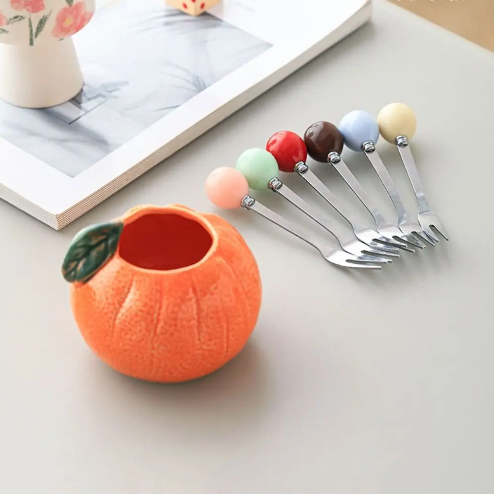 

Orange Ceramic Fruit Forks Set Creative Solid Color Dessert Forks with Storage Jar Decorative Household