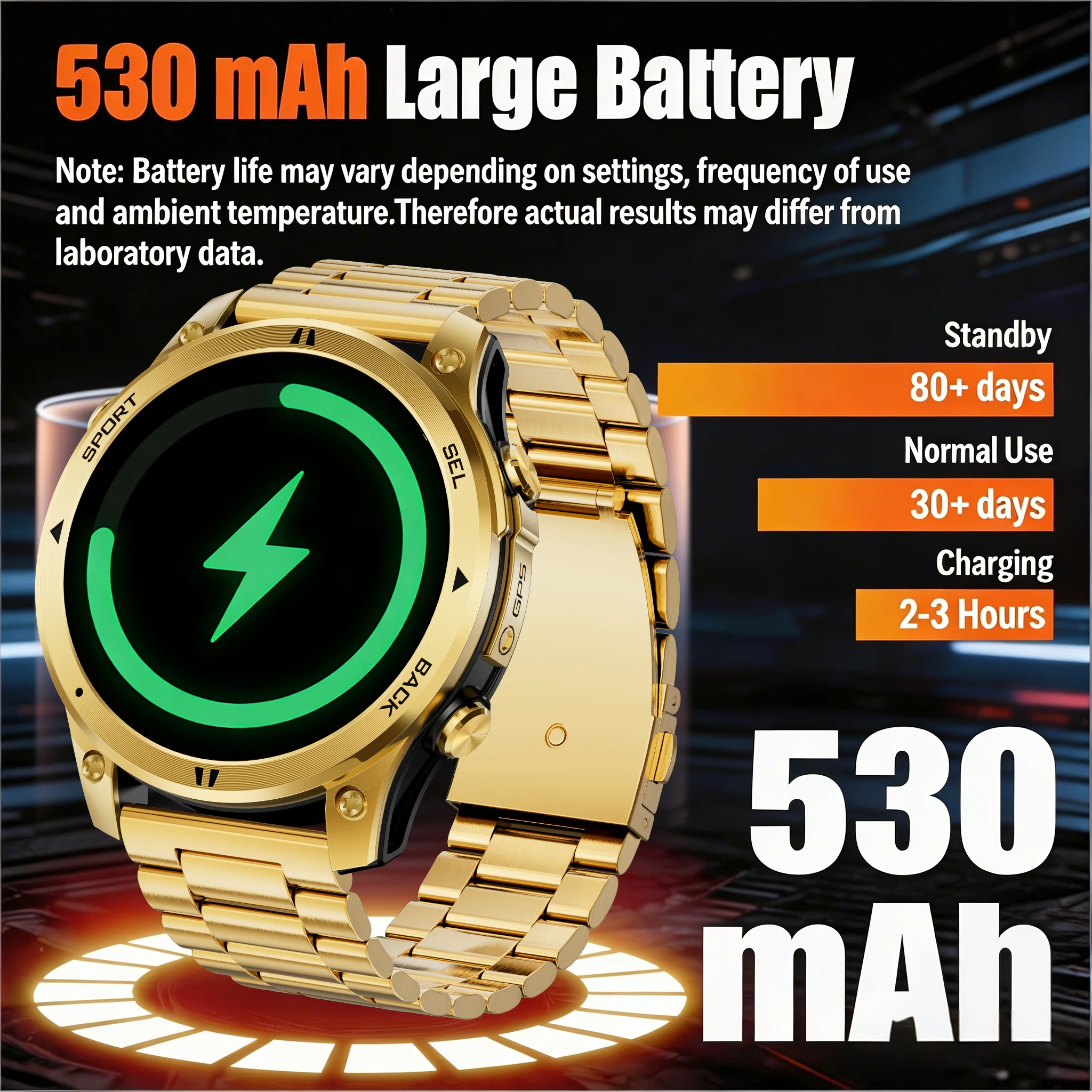 Gold Smartwatch with AMOLED Screen and Flashlight, Gift for Men