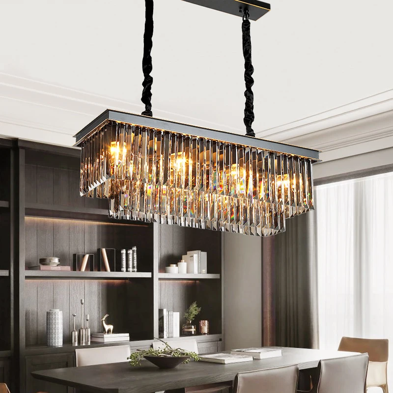 Luxury Modern Style Simple Design Black Crystal Pendant Lamp Round Living Room Dining Room Rectangle Hanging Ceiling Chandelier