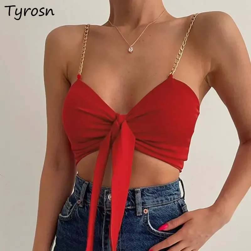 

Сексуальные майки в европейском стиле, женские узкие укороченные топы с v-образным вырезом, винтажный элегантный дизайн с цепочкой, модная уличная одежда для летних каникул с открытой спиной