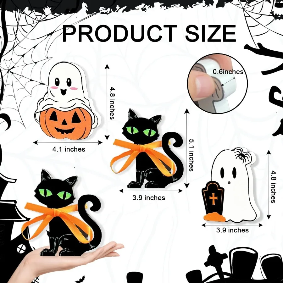Cute Ghost Halloween Decorations Wood Indoor Set of 3 Spooky Black Cat Wooden Tiered Tray Decor Blocks Plank Signs for Indoor P