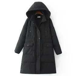 Abbigliamento donna taglie forti parka 5XL giacca imbottita lunga vestibilità ampia cappotto invernale nero con cappuccio in cotone spesso al ginocchio