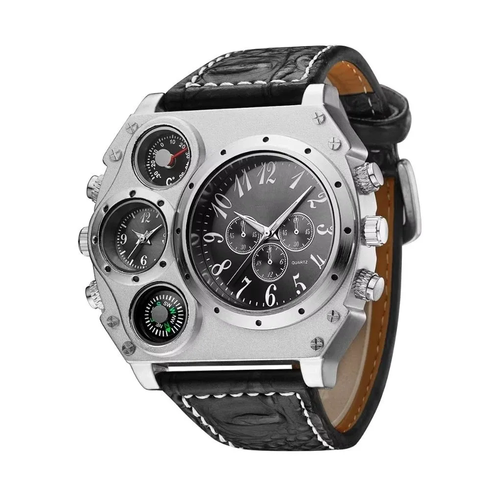 

PU Leather Strap Big Face Watches Leather Strap Luminous Quartz Watch Compass Decoration Large Dial Dual Time Zone Watch