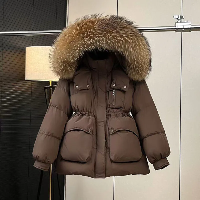 2025 Winter neue Echt waschbären pelz kragen unten Jacke frauen Koreanische version Schlank Dicke taille Mit Kapuze Ente unten mantel Weibliche Parker