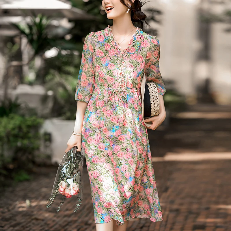 New Prairie Chic Elegant Dresses Women Summer V-neck Drawstring Floral Print Dress A-line 100% Real Silk Women's Long Dress