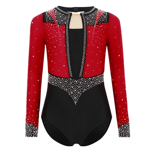Leotardos de gimnasia rítmica con diamantes de imitación brillantes para niñas, mono de manga larga, Ropa de baile, patinaje artístico, trajes de espectáculo escénico